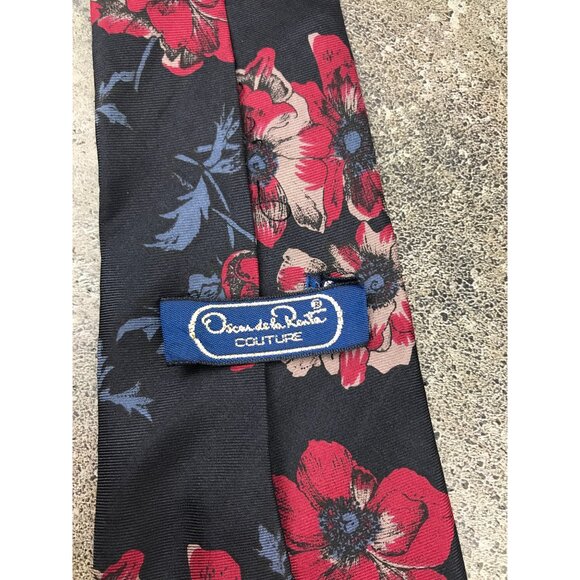 Oscar De La Renta Couture Silk Tie Castner Knott Burgendy with Navy Floral - Picture 2 of 5